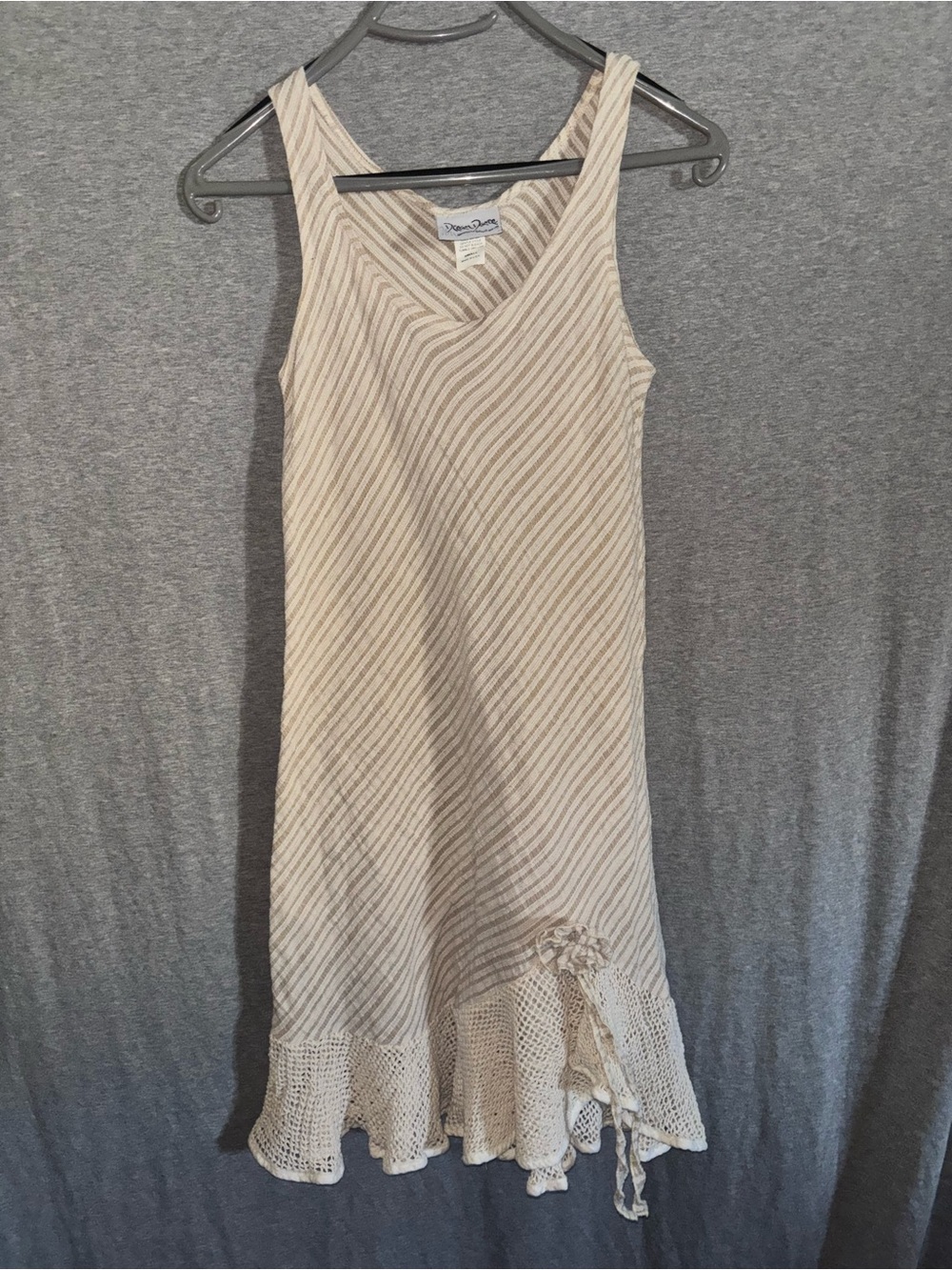 Dream Dance Cream Sleeveless Knit Dress with Crochet Hem Diagonal Stripes